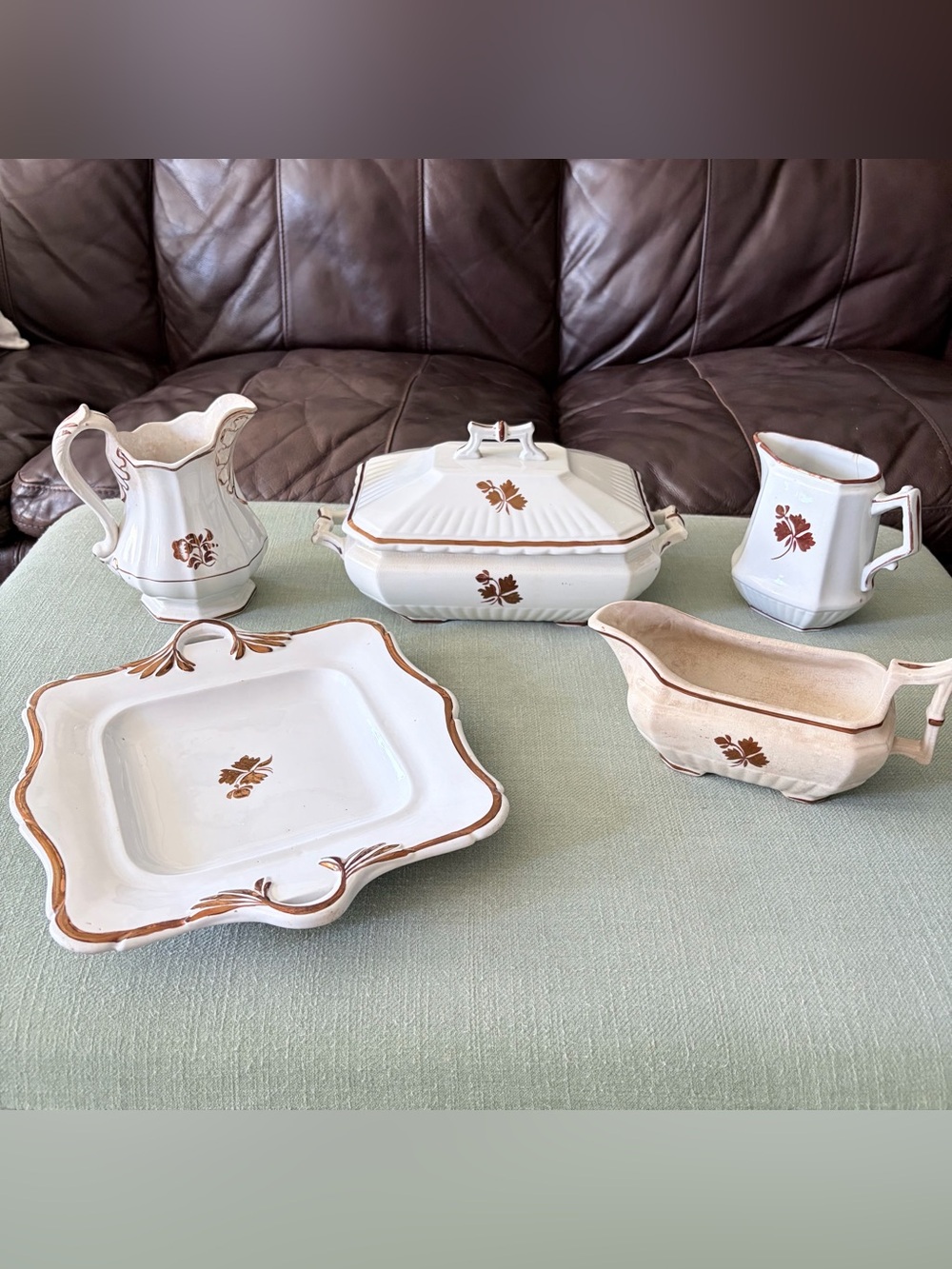 Early Ironstone Ceramics with Copper Tea Leaf Pattern, 150+ Years Old, 6 Pieces